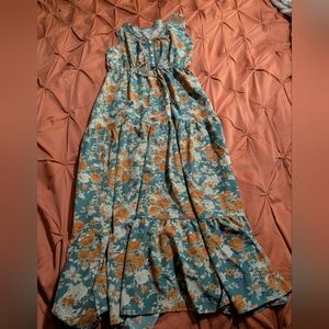 Blue and Brown Pleated Smocked Maxi Sundress